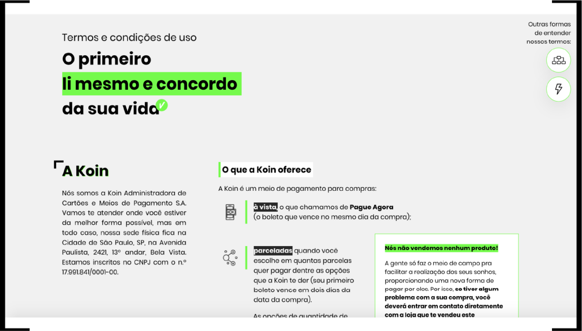 Imagem mostrando a página de termos e condições de uso da Koin. As informações estão bem organizadas.